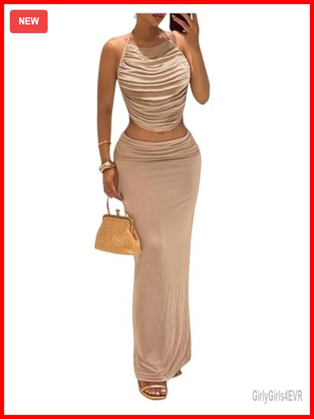 Women's 2 Piece Halter Crop Top & Maxi Skirt Set Ruched Bodycon Party